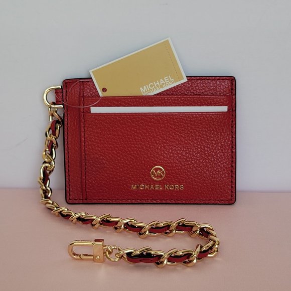 MICHAEL KORS Jet Set Small ID Pebbled Leather Chain Card Holder Case-Crimson $69 - Picture 9 of 16